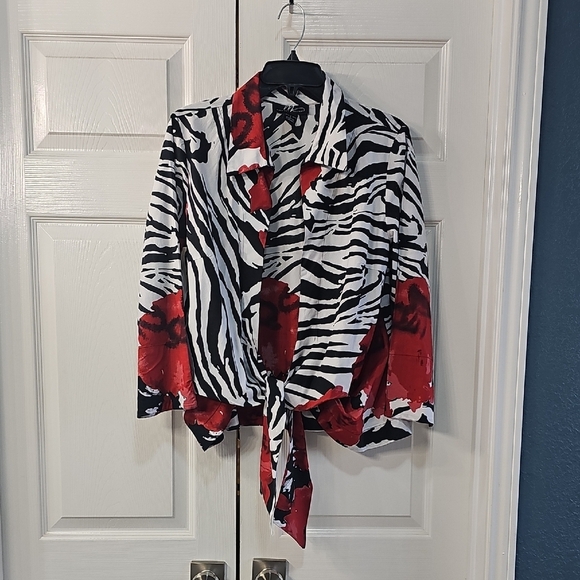 Midnight Velvet Tops - Midnight Velvet Zebra Print Red Rose Open Blouse Tie-Front  Large Colorful